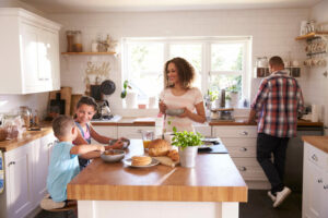 Family in comfortable kitchen